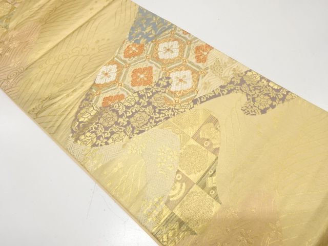 JAPANESE KIMONO / ANTIQUE FUKURO OBI / SILK / WOVEN MIST & FLOWERS & CLASSICAL PATTERN